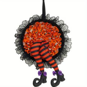 1pc, Halloween Explosion Wreath Witch Leg Hanging Decorations, Witch's Leg Halloween Wreath-Halloween Front Door Decoration Lace Spider Wreath (Color: orange)